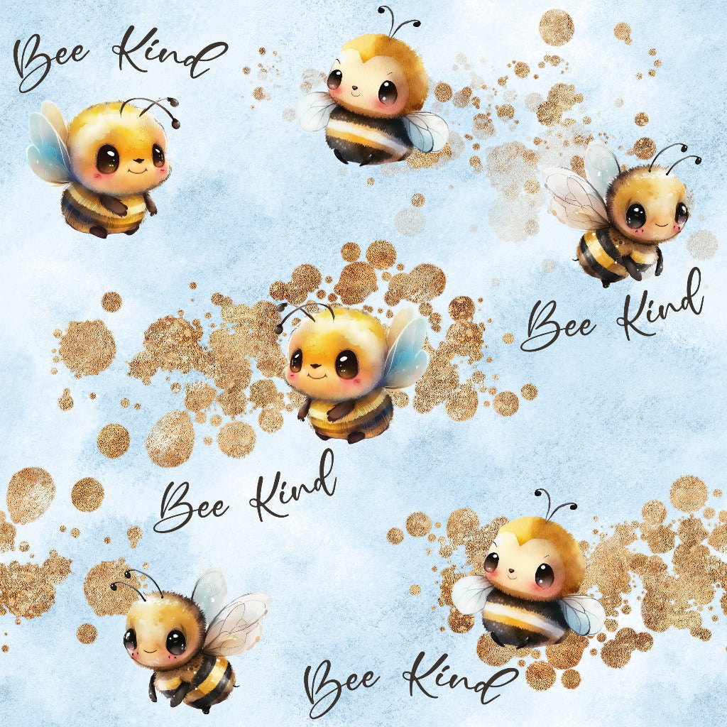 Stoff Jersey mit kleinen gelben Bienchen und Spruch Be Kind auf blau aquarellen Hintergrund