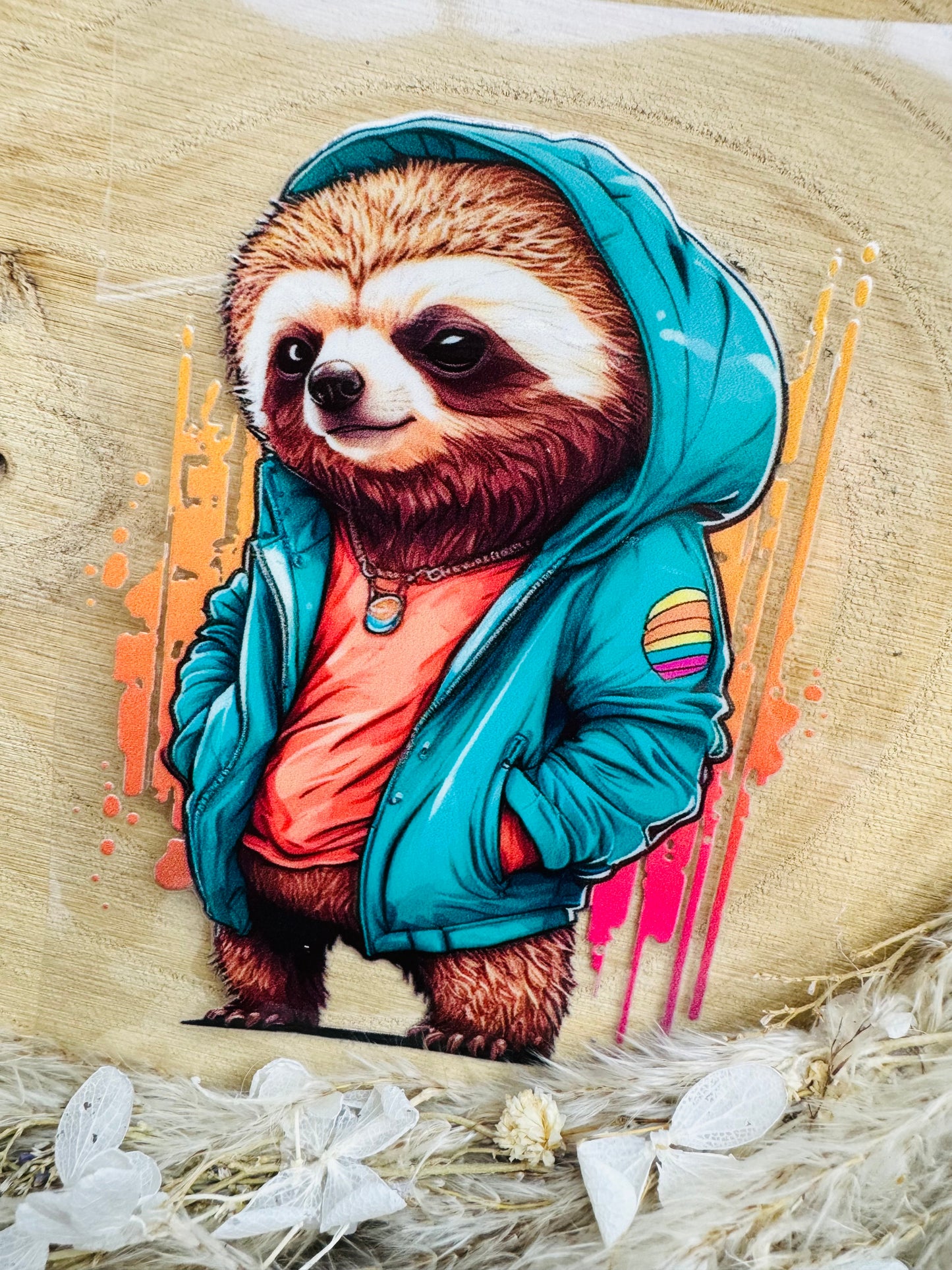 UV-Sticker mit einem coolen Faultier mit einer blauen Jacke