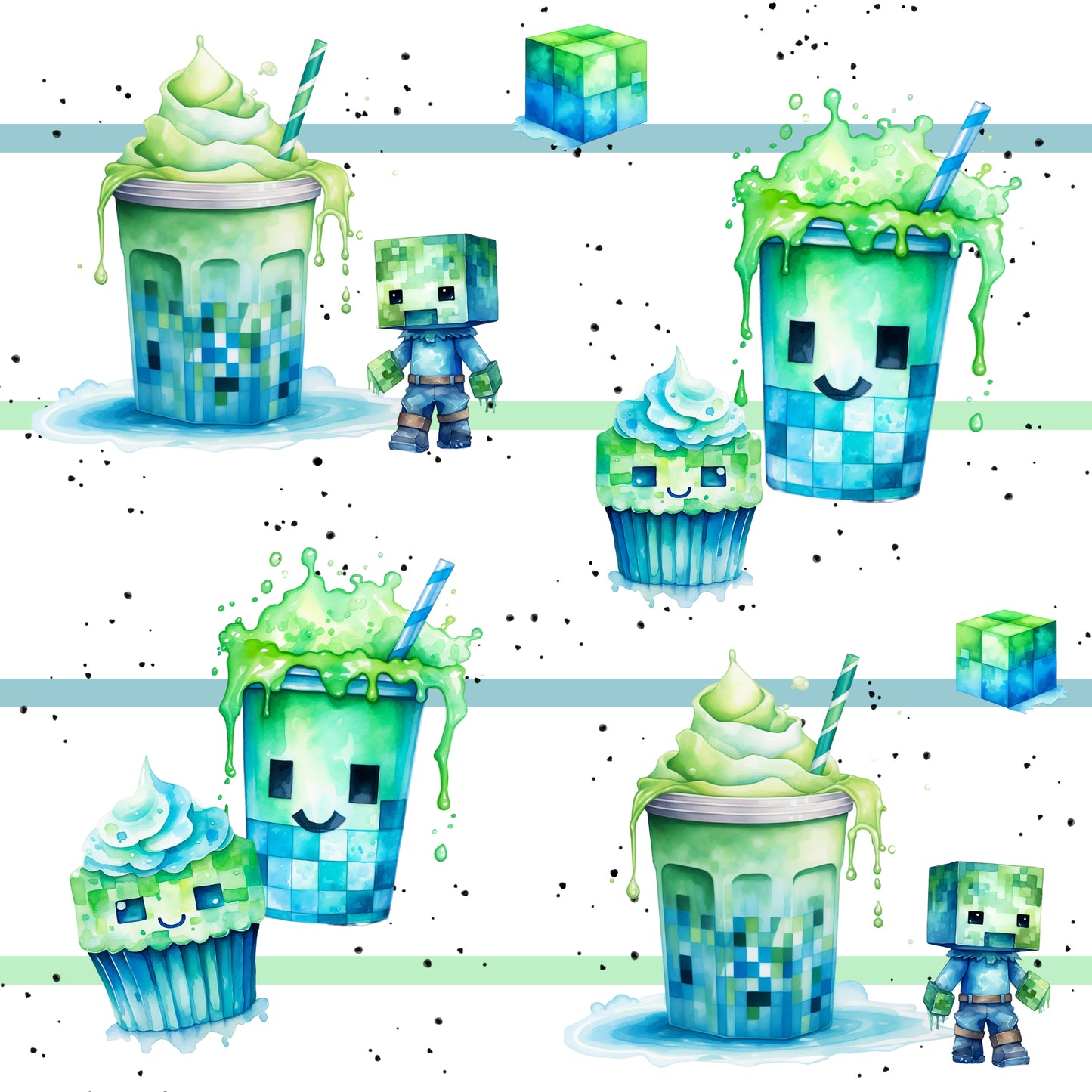 Stoff Jersey mit blau grünen sweet brickgame Figuren auf grün blau gestreiften Hintergrund