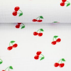Stoff Musselin, Double Gauze Kirschen, klein, rot/weiß