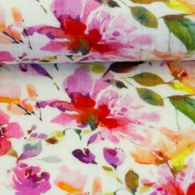 Stoff Musselin, Double Gauze Blumen, pink/naturweiß