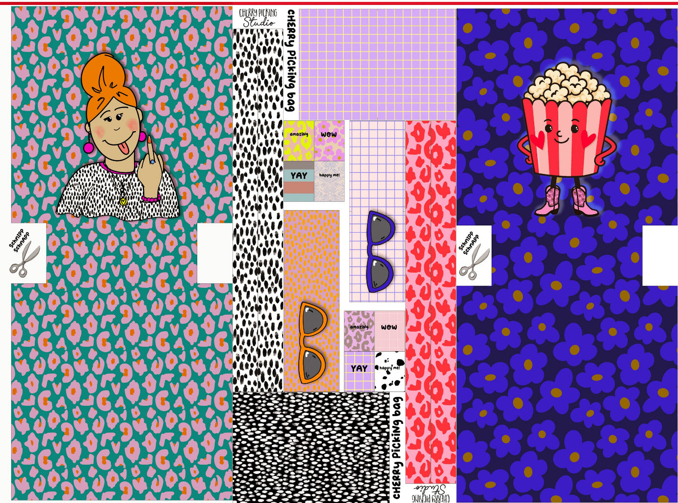 tolles Taschen Panel für zwei Taschen aus 100 % Canvas Baumwolle mit dem Motiv Popcorn und freche Lady