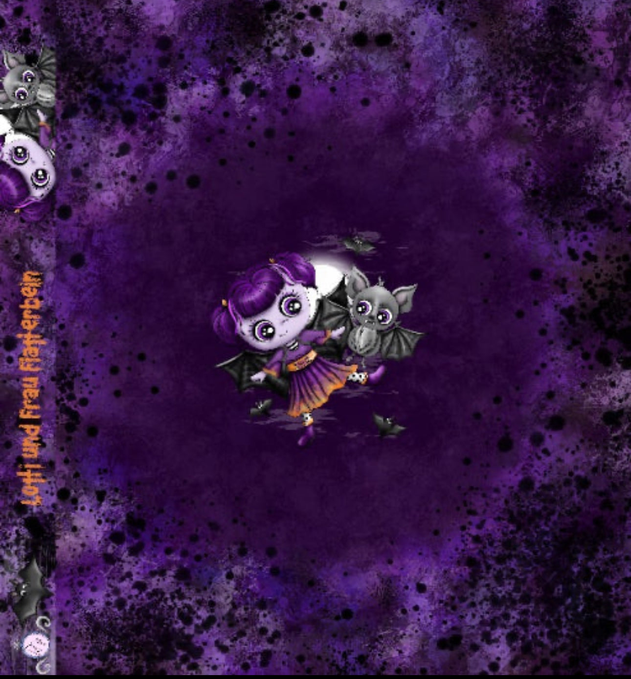 wunderschöner Halloween Stoff mit dem Motiv Lotti und Frau Flatterbein auf dunkelblau violettem Hintergrund