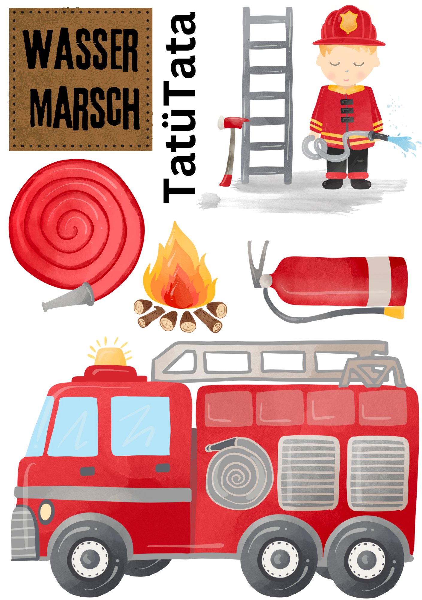 Bügelbild Bogen mit Feuerwehrmotiven für Kinder