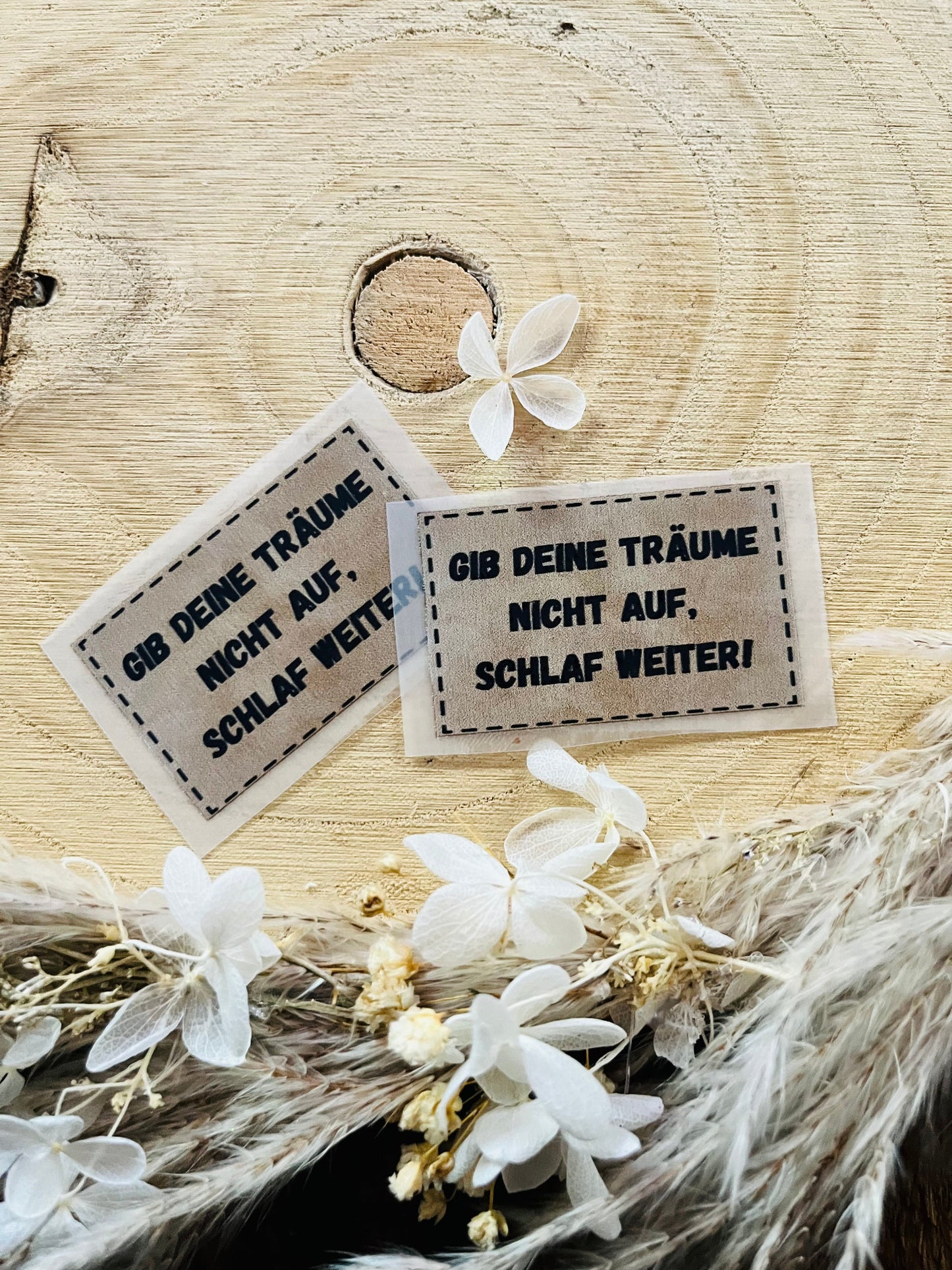 hellbraunes Bügellabel mit dem Spruch Gib deine Träume nicht auf, schlaf weiter Ausrufezeichen in schwarzer Schrift