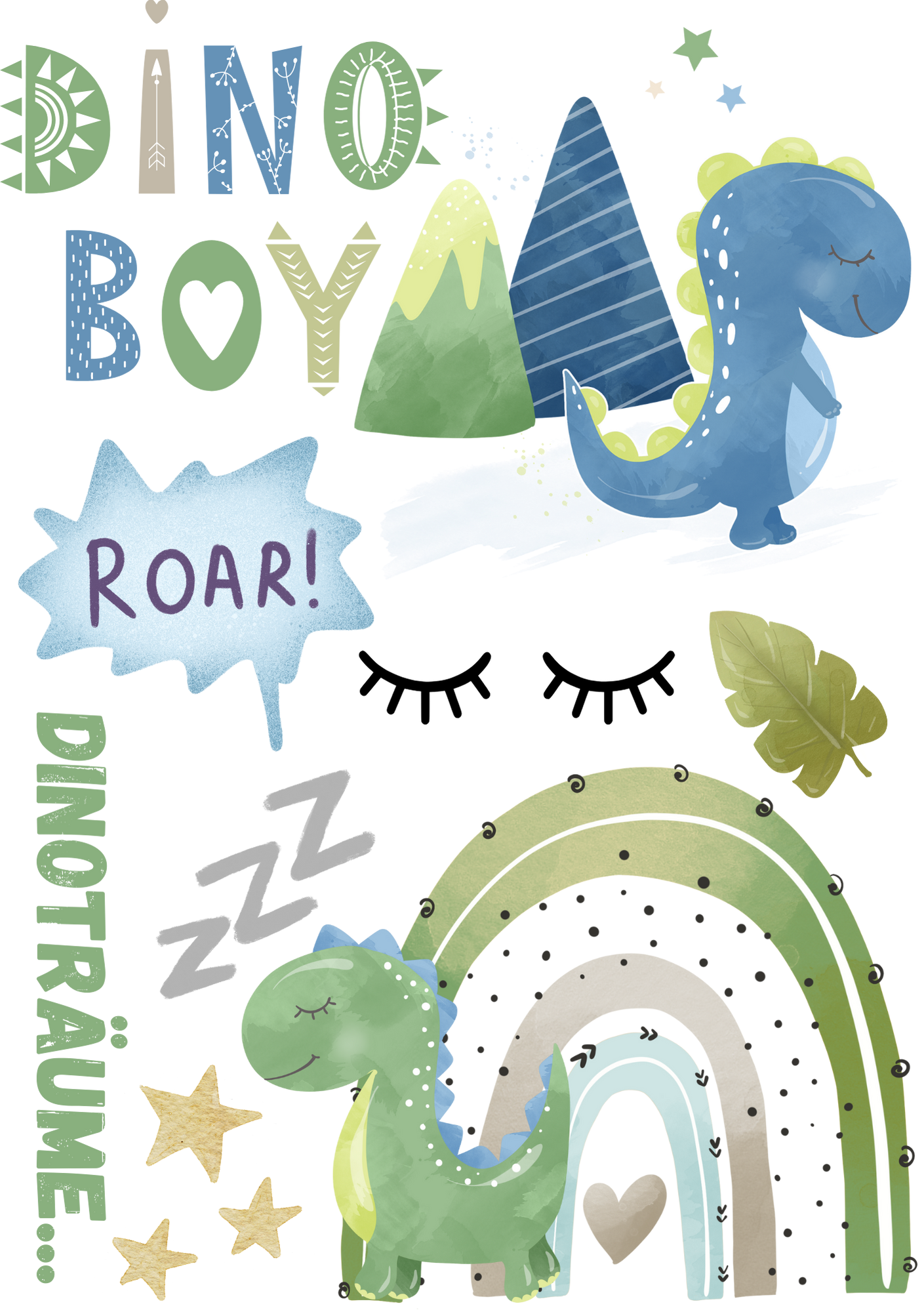 Bügelbild Bogen mit Baby dinos in gruen und blau