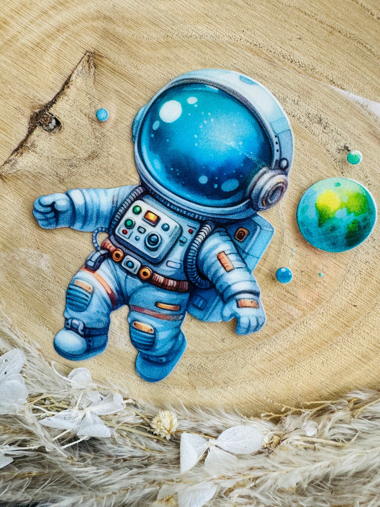 blauer UV-Sticker mit einem schwebenden coolen Astronauten