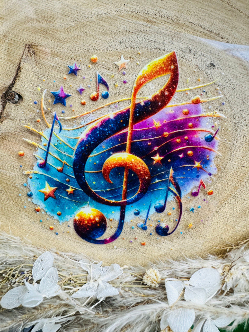 UV-Sticker mit einem Notenbild und Notenschlüssel und Sternchen in galaxischen Weltraumfarben