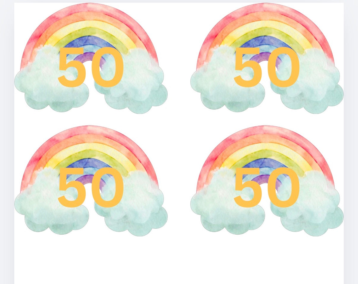 aufbügelbares Größenlabel für verschiedene Kindergrößen mit Motiv Wolken-Regenbogen