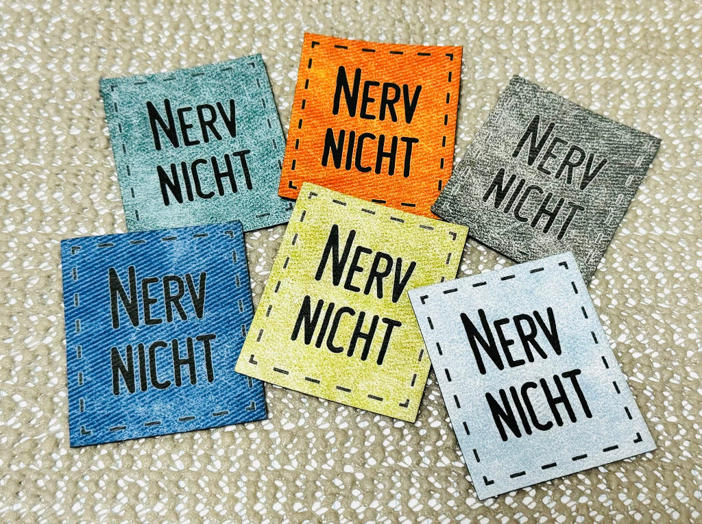 superweiches Kunstleder Label in Denim Optik in 6 Farben mit Spruch Nerv nicht