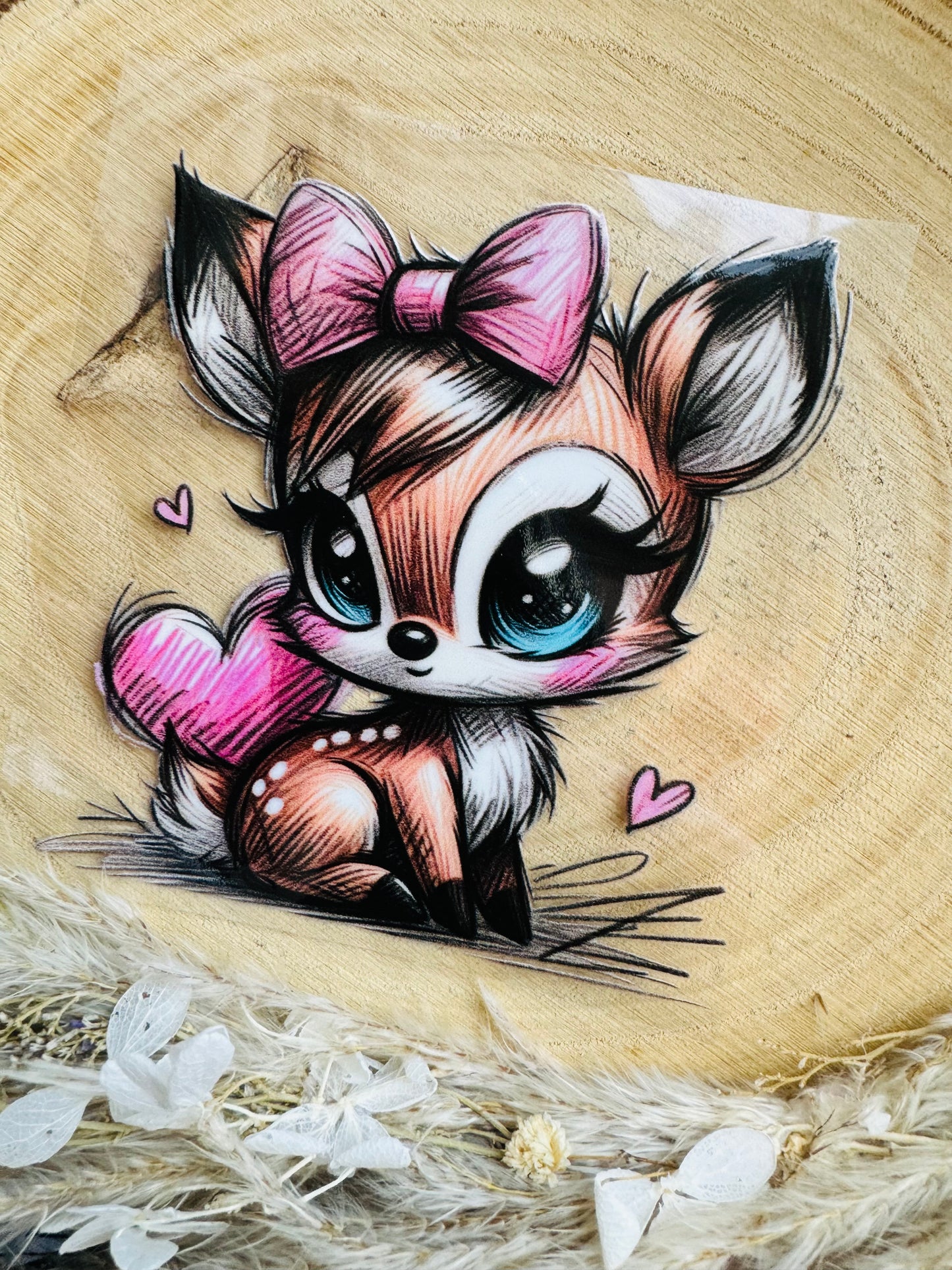 UV-Sticker mit einem kleinen sitzenden Reh mit großen kulleraugen und einer rosa schleife im Haar gezeichnet