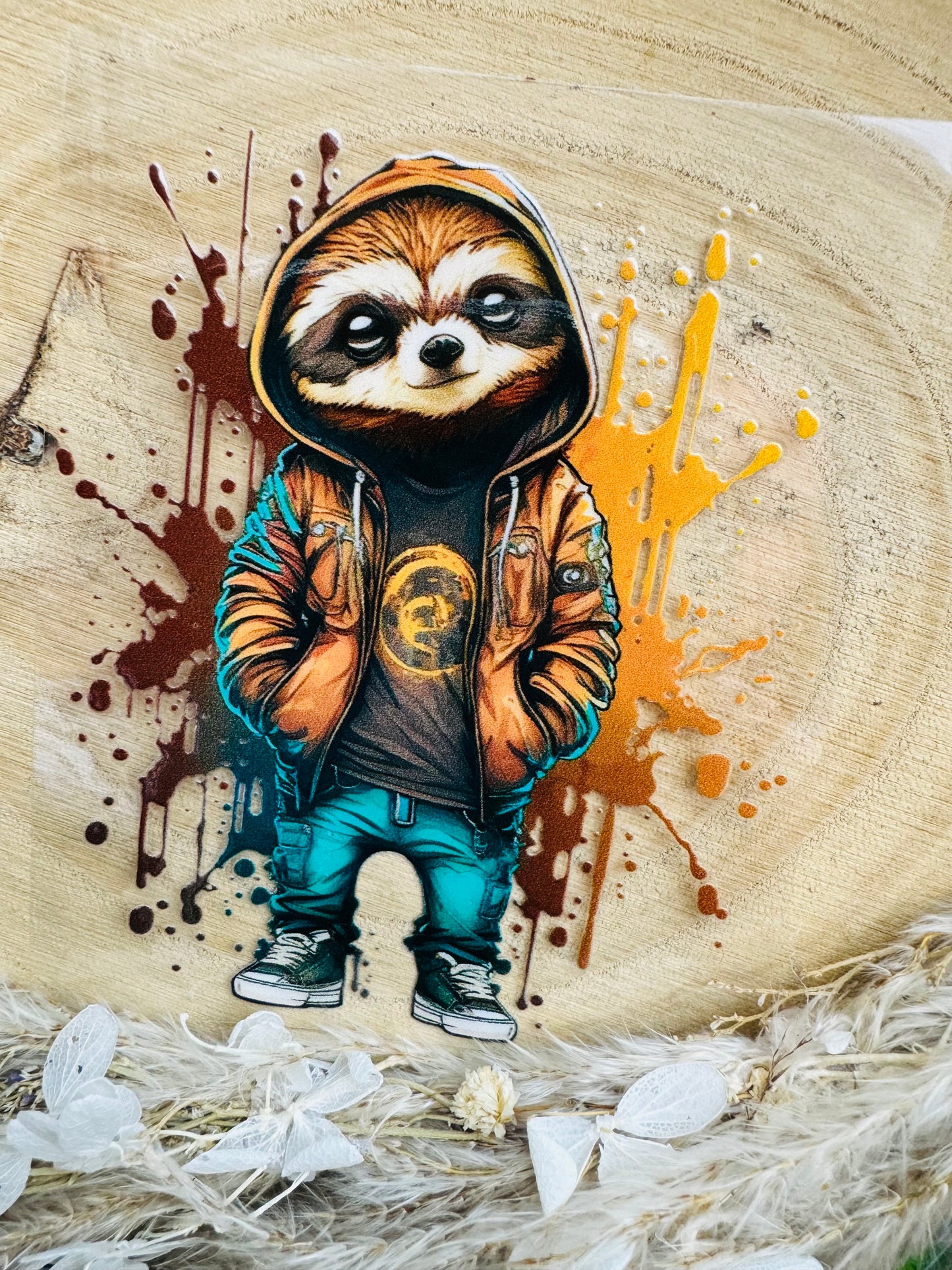 UV-Sticker mit einem coolen Faultier und einer lässigen braunen Kapuzenjacke
