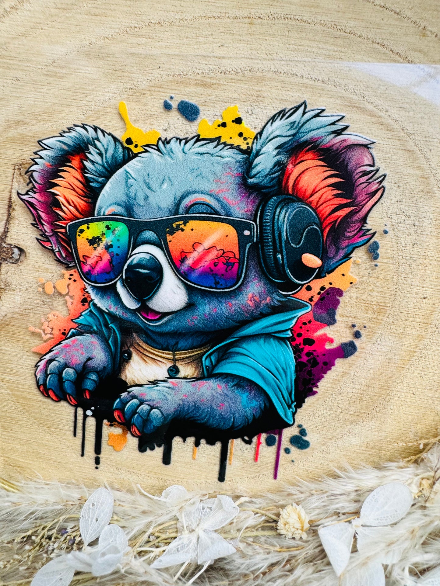 UV-Sticker mit einem coolen Koalabärchen mit Sonnenbrille und Kopfhörer in bunten aquarell Farben