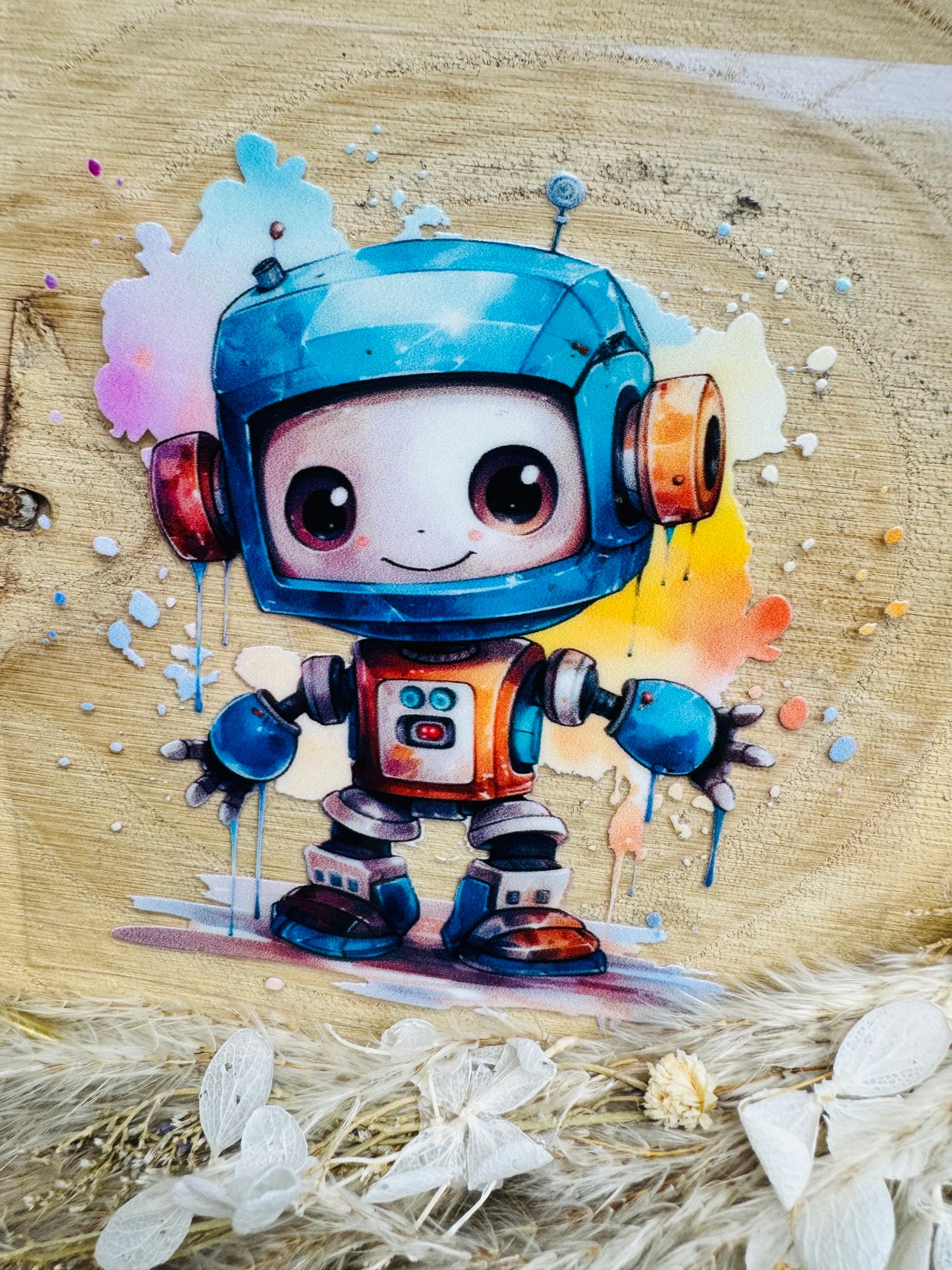 UV-Sticker mit einem kleinen blauen Roboter in aquarell Farben