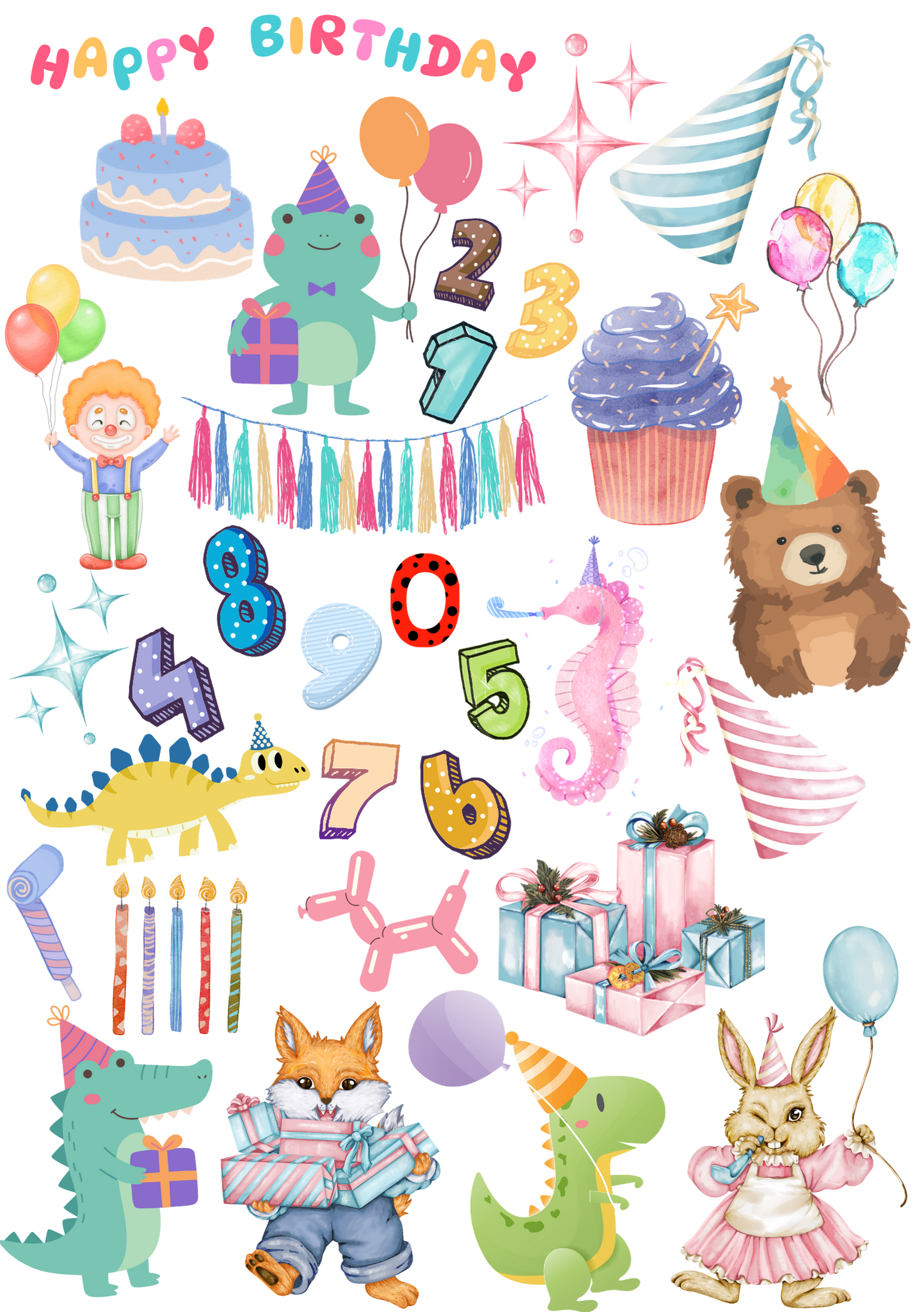 Bügelbild Bogen A5 mit vielen lustigen Motiven für einen Kindergeburtstag
