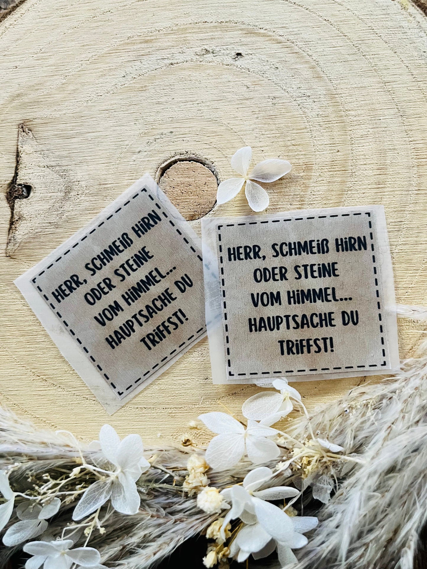 helles Bügellabel mit dem Spruch Herr, schmeiß Hirn oder Steine vom Himmel, hauptsache du triffst !