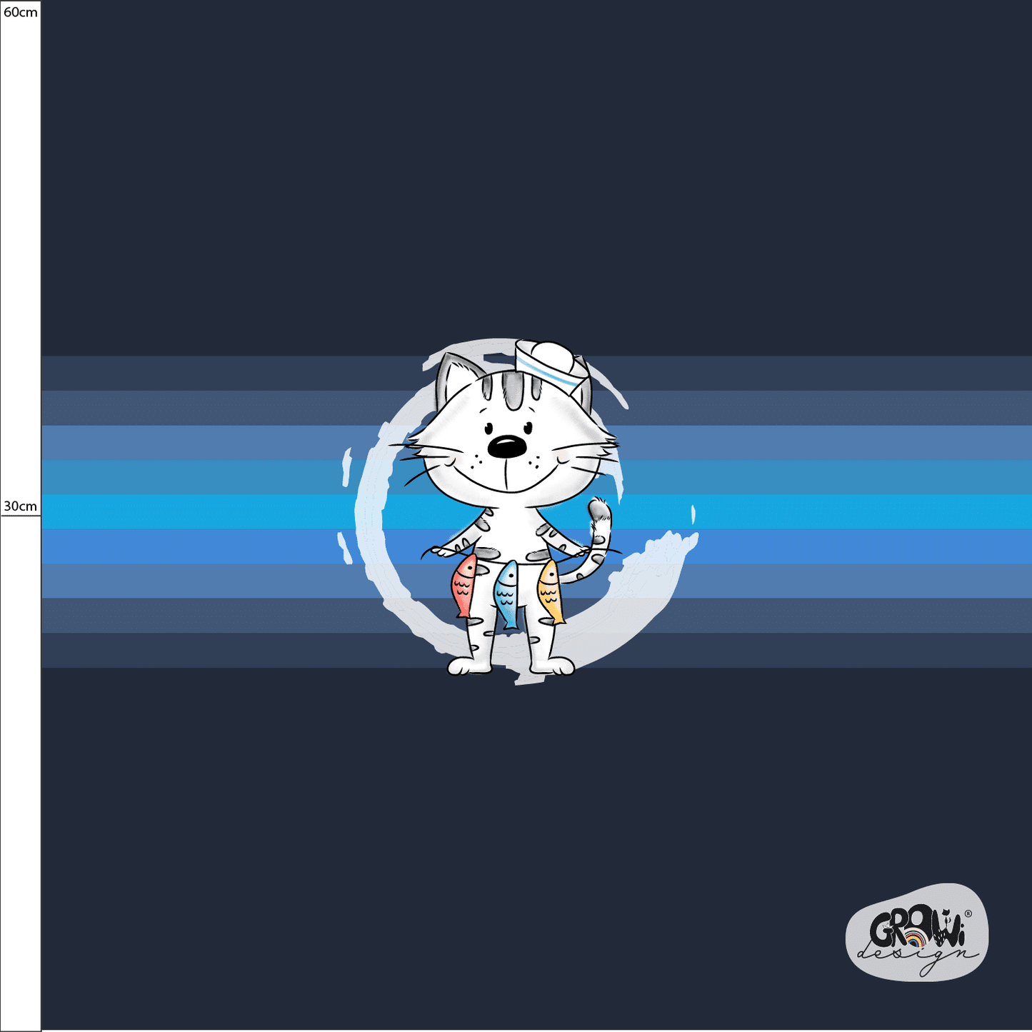 wunderschöner Stoff in Growi Design Motiv Fischkopp Katze auf dunkelblauem Hintergrund