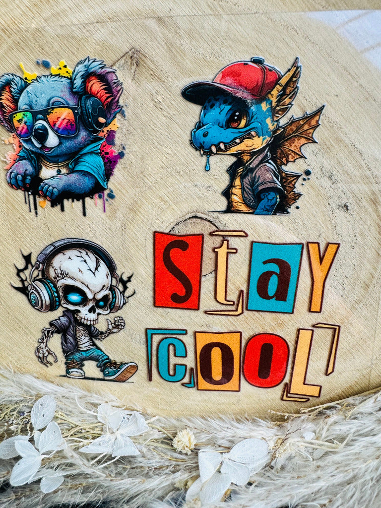 UV-Sticker Set mit 3 coolen Figuren und dem Spruch Stay cool in bunten Farben