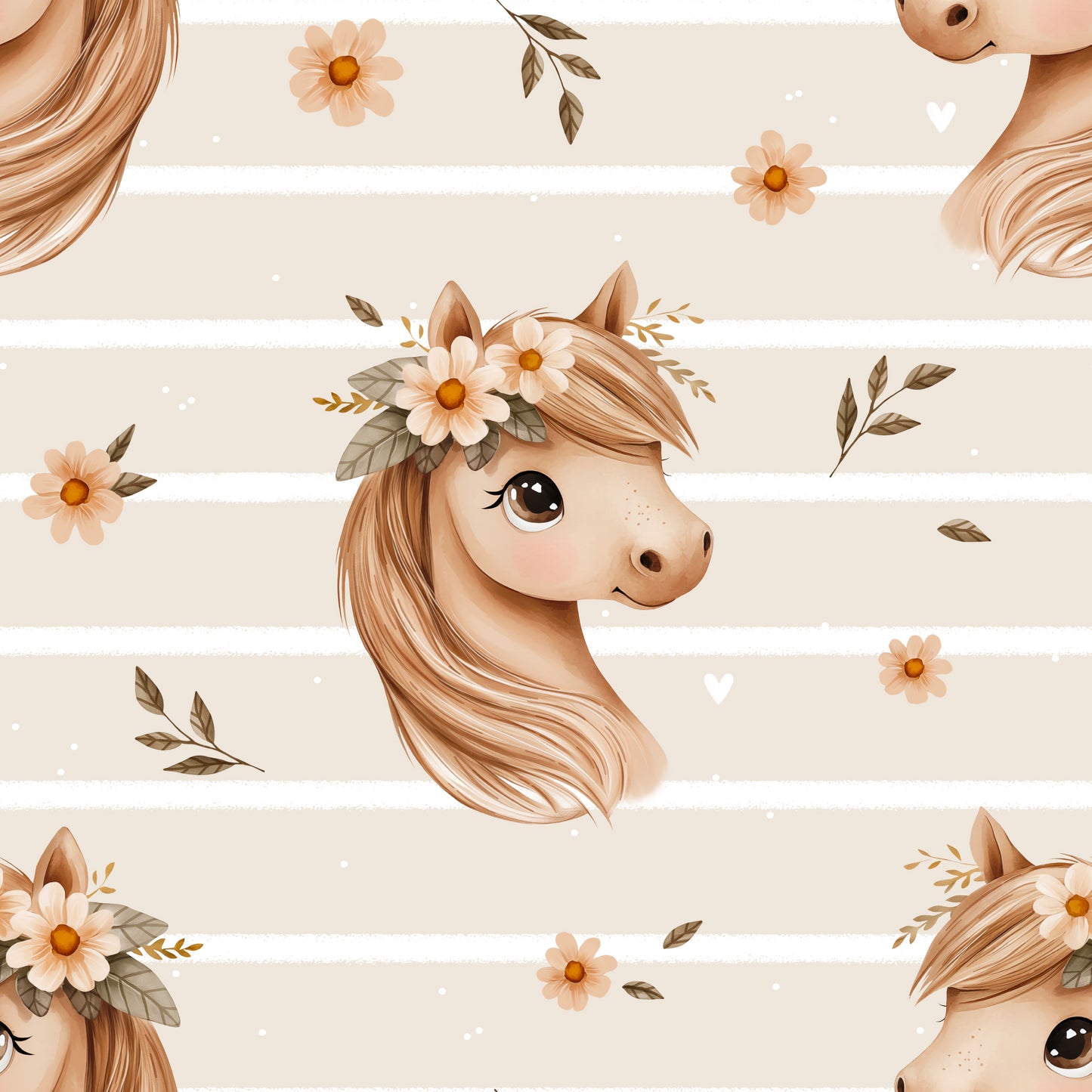 schöner Sweat Stoff mit kleinen hellbraunen Pferdchen auf hellbraun gestreiften Hintergrund abgebildet