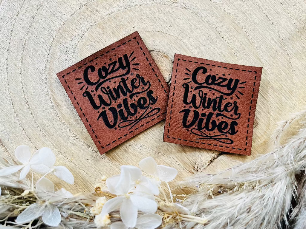 braunes Kunstleder Label mit dem Spruch Cozy Winter Vibes in schöner schwarzer Schrift