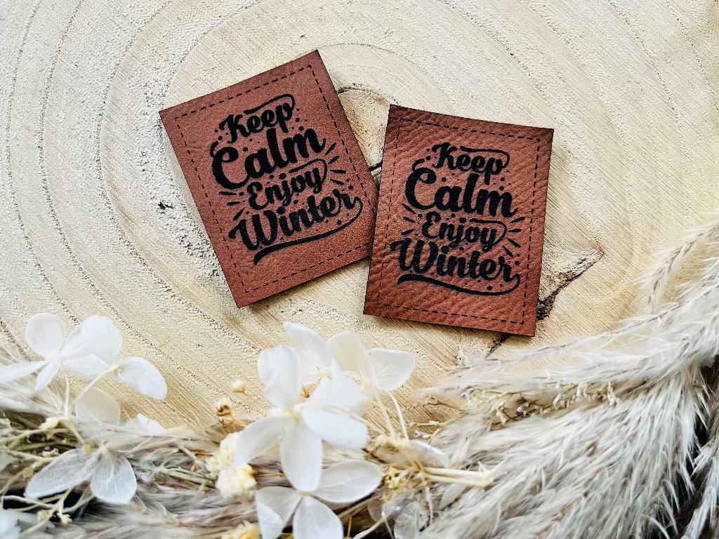 braunes Kunstlederlabel Mit dem Spruch Keep Calm Enjoy Winter