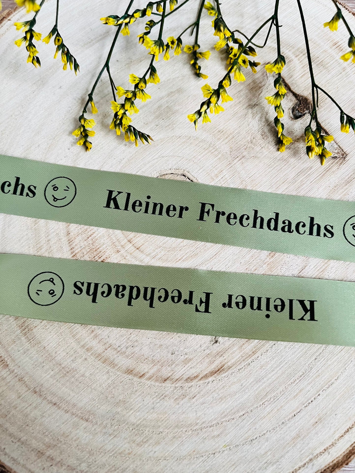 hellgrünes Satinband mit dem fortlaufenden Spruch Kleiner Frechdachs und einem Smiley, Breite zwei Zentimeter