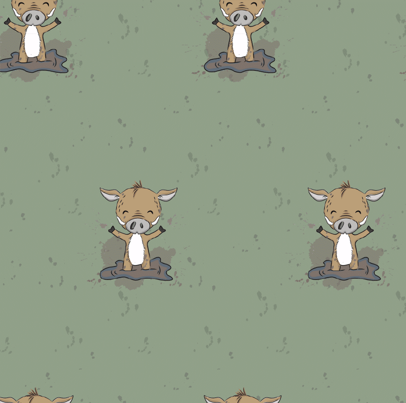 wunderschöner Jersey Stoff im Growi Design mit kleinen braunen Matschsäuchen auf hellgrünem Hintergrund