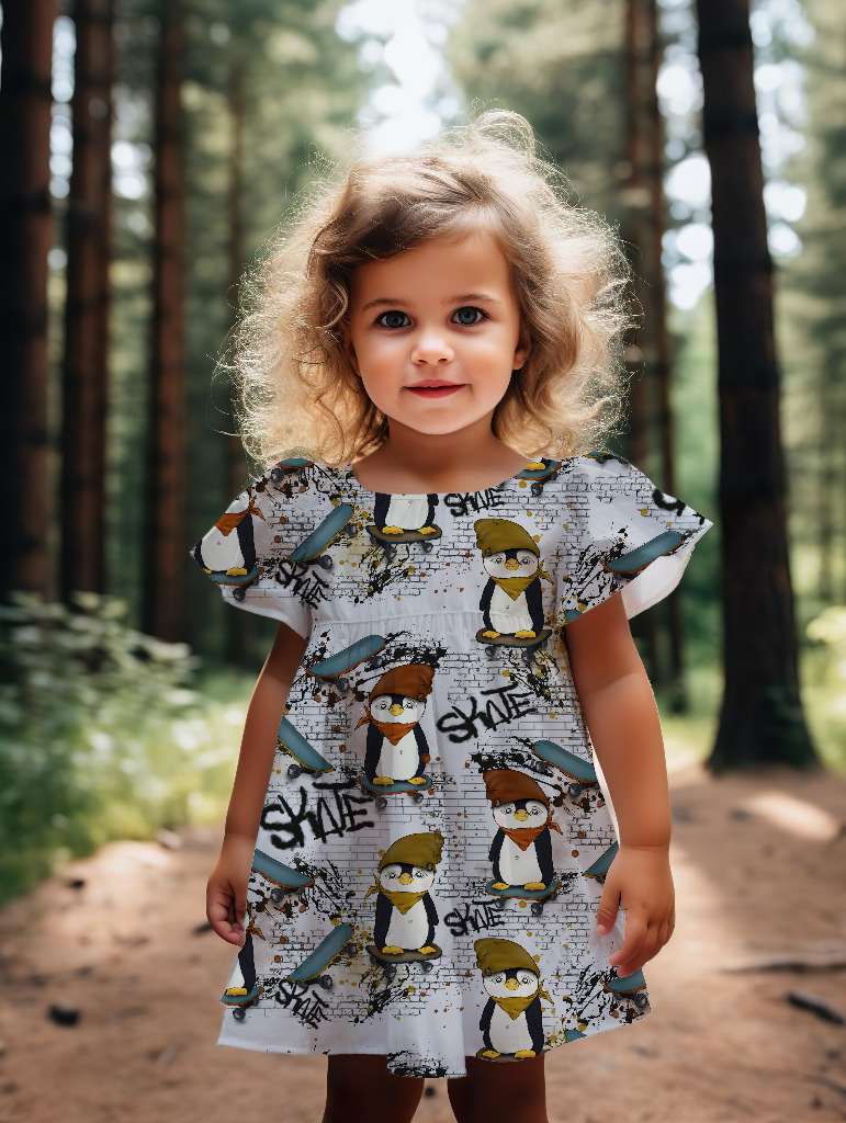 Mädchen mit einem Kleidchen aus dem Skater Pinguin Sweat Tanelo Stoff