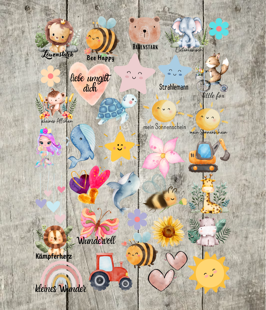 Bügelbild Bogen kleine Tiermotive Fahrzeuge Blumen Sonne
