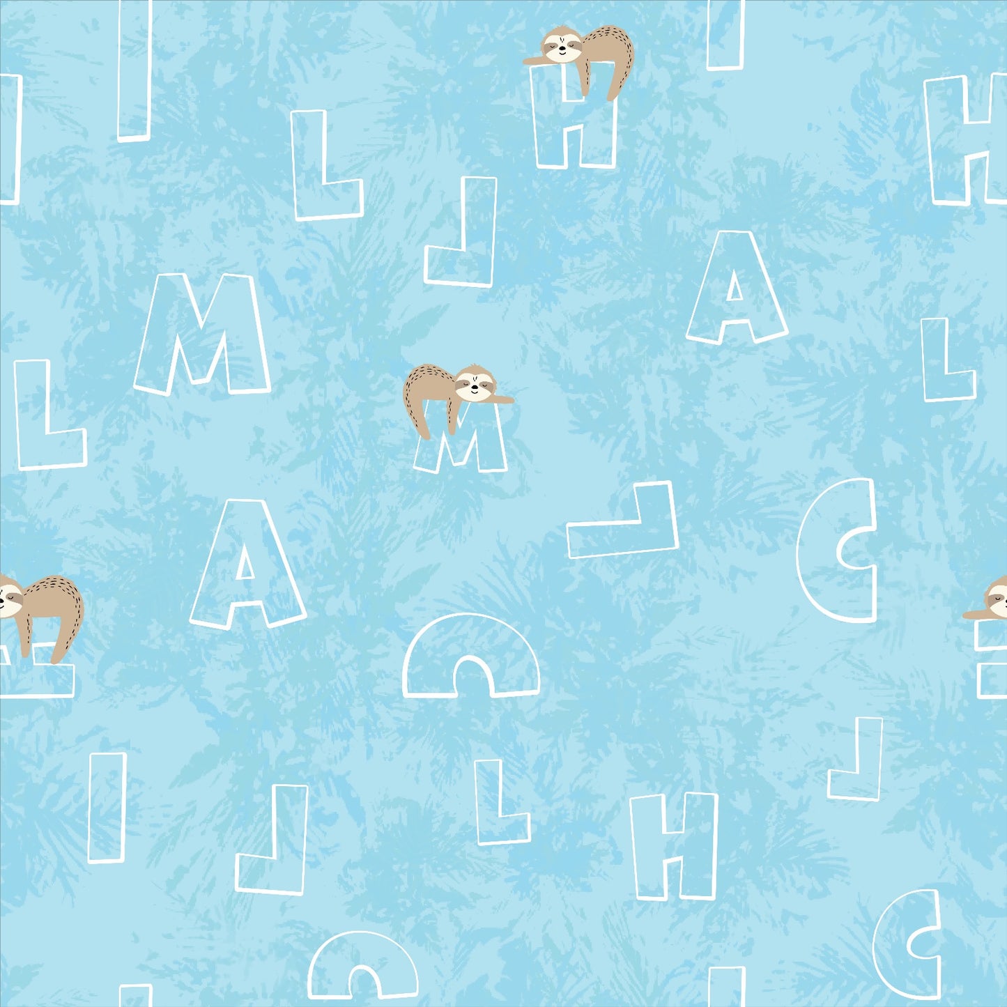 wunderschöner Stoff im Growi Design mit kleinen braunen Faultieren und den verteilten Buchstaben C h i l l mal in weiss auf hellblauem Hinterrund