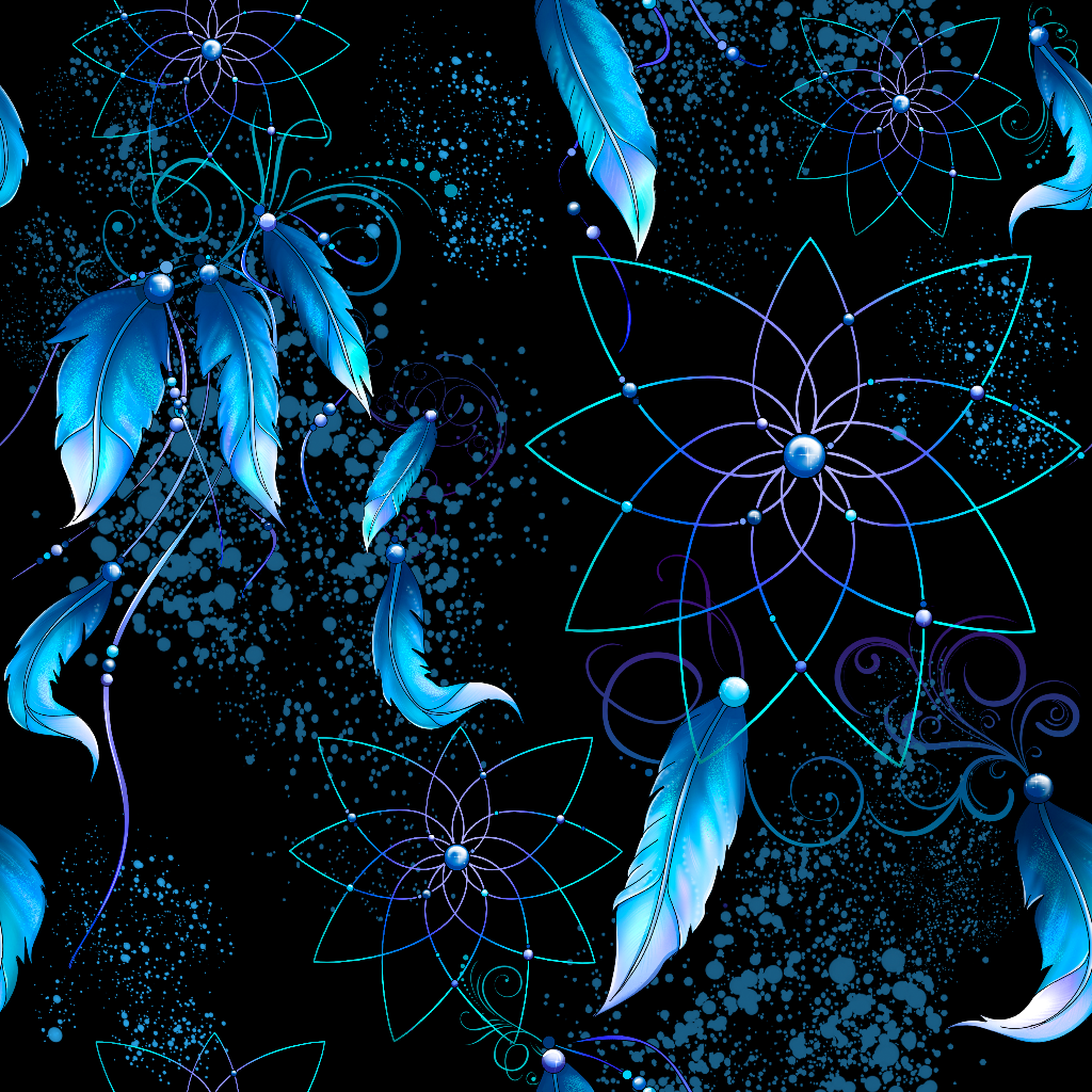 mystischer Stoff mit Sternen und Federn auf blauem tuerkisem Hintergrund