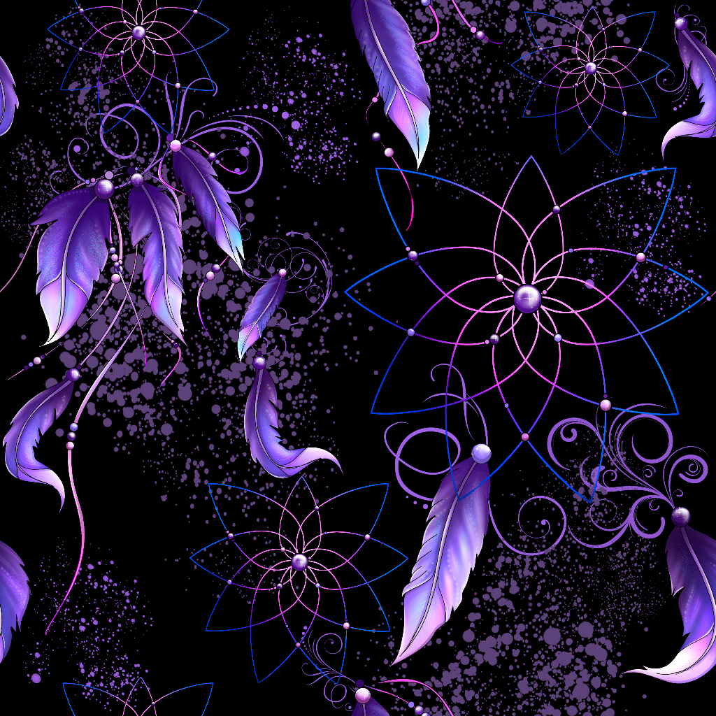 mystischer Stoff mit Sternen und Federn auf türkis lila Hintergrund