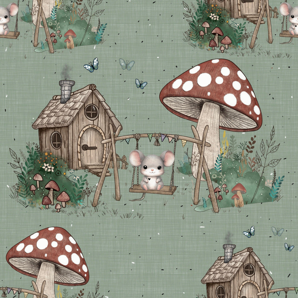 wunderschöner Stoff mit Motiv Maus im Zauberwald auf hellgrünem Hintergrund