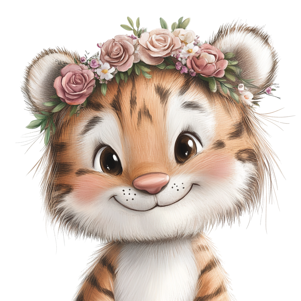 tolles Bügelbild mit einem kleinen Tigermädchen mit einem Blumenkranz als Kopfschmuck