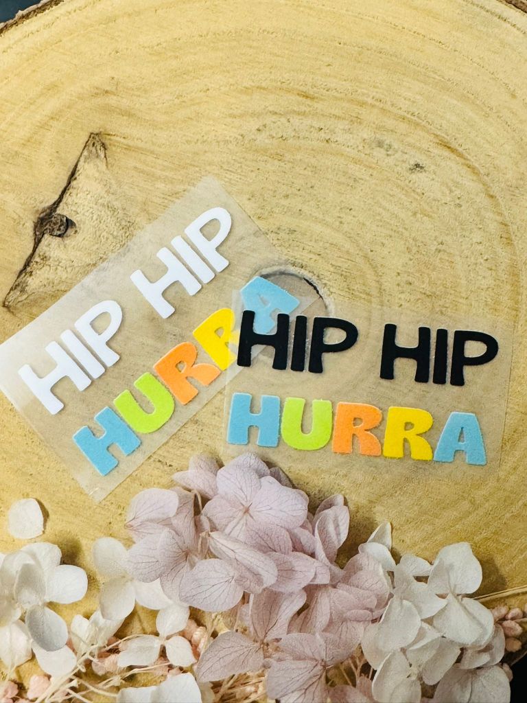 aufbügelbares Label mit dem Spruch Hip Hip Hurra in schwarz, weiss und bunter Schrift