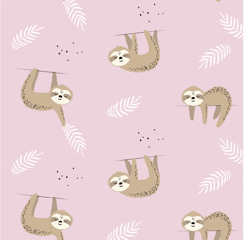 wunderschöner Jersey Stoff im Growi Design mit kleinen braunen hängenden Faultieren auf rosafarbenen Hintergrund