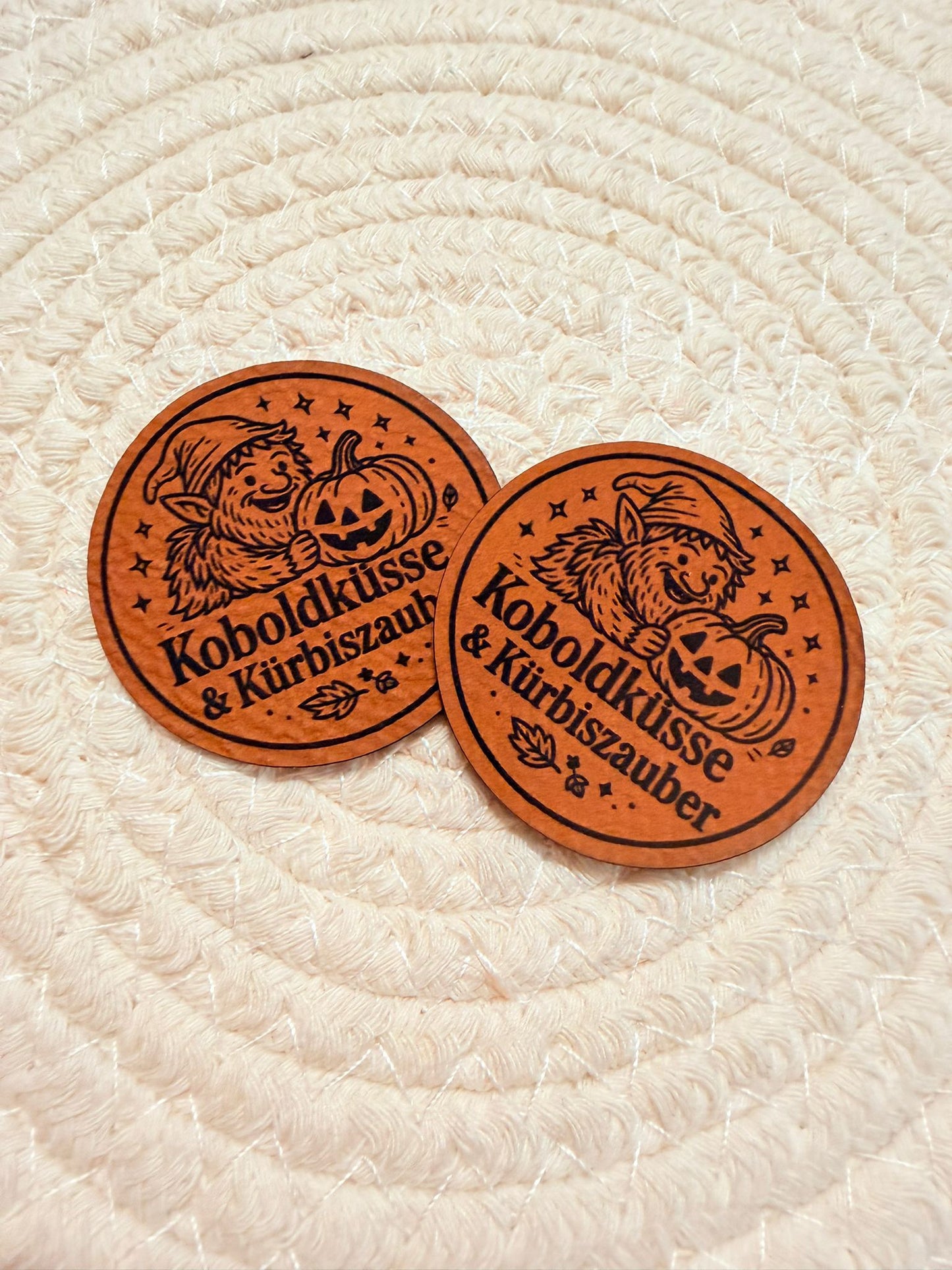 superweiches rundes braunes kunstlederlabel mit dem Spruch Koboldküsse und Kürbiszauber und einem kleinen Kobold mit einem Halloween kürbis abgebildet