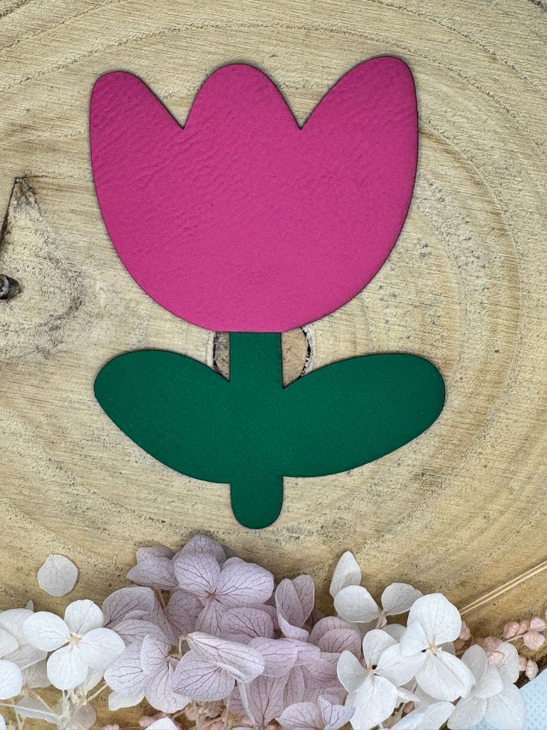 superweiches zweiteiliges Kunstlederlabel in Form einer Tulpe Stängel Grün Blüte Violett