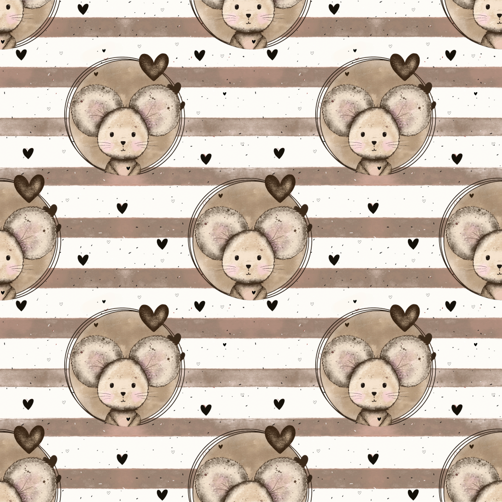 Jersey Stoff mit kleinen Mäuschen mit großen Ohren auf weiss braunen Streifen Hintergrund