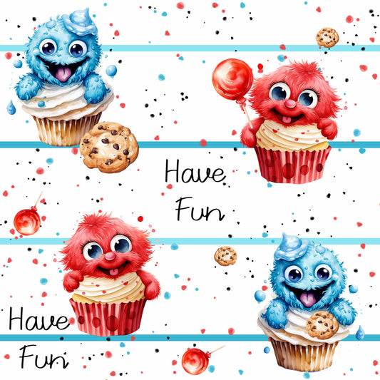 Stoff Jersey mit blauen und roten Cupcakes Monsterchen mit Spruch Have fun auf weiss blau gestreiften Untergrund