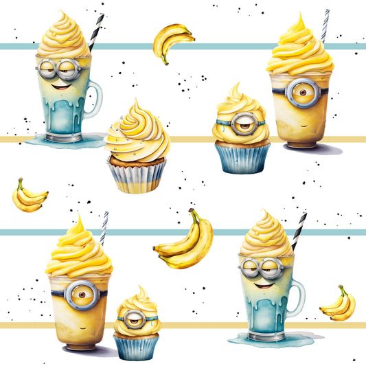 Stoff Jersey mit ninjas auf Cupcakes gelb auf weiss blau gestreiften Hintergrund