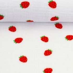 Stoff Musselin, Double Gauze Erdbeeren, klein, rot/weiß