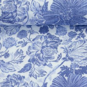 Stoff Musselin, Double Gauze Blumen, rauchblau/weiß