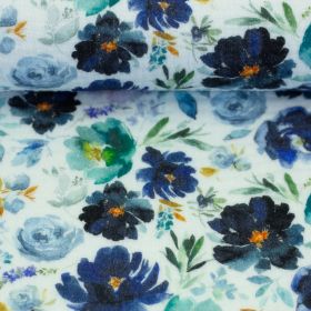 Stoff Musselin, Double Gauze Blumen, navy/smaragd/weiß