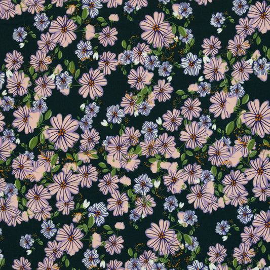 schöner Viskose Jersey Stoff mit Blumenmotiven auf dunkelblauem Untergrund