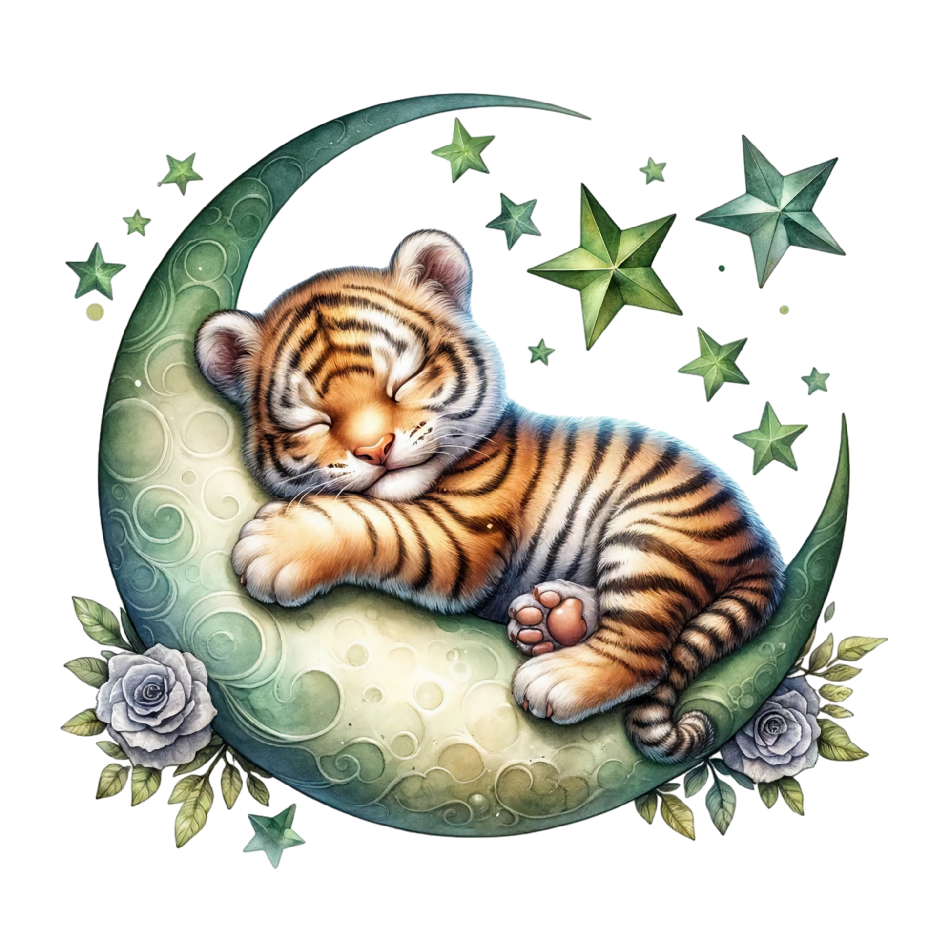 im dunkeln leuchtendes bügelbild mit einem kleinen tiger in einer mondsichel schlafend