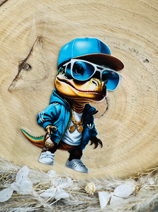 UV-Sticker mit einem coolen Dino mit Sonnenbrille und Käppi in Farbe blau aquarell