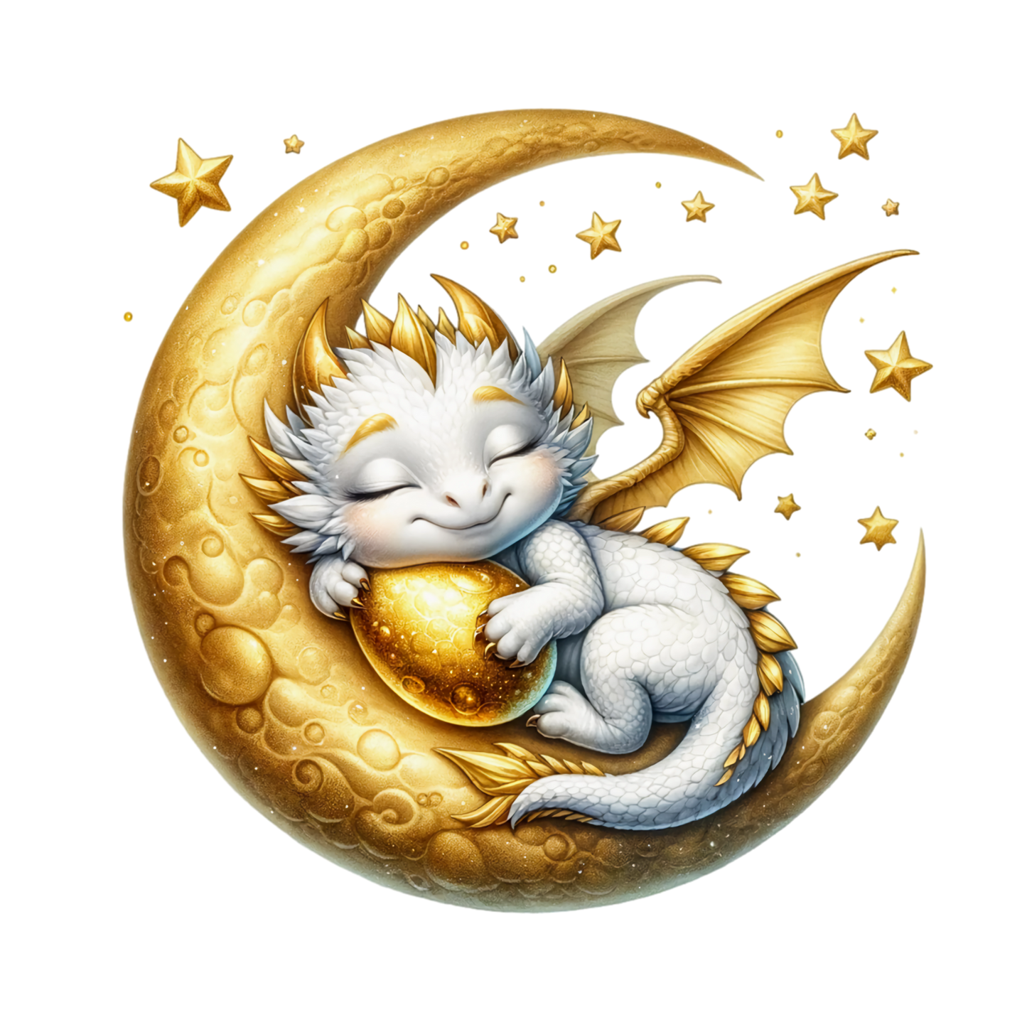 im Dunkeln leuchtendes Bügelbild mit einem kleinen weissen Drachen auf einer goldenen Mondsichel lächelnd schlafend 