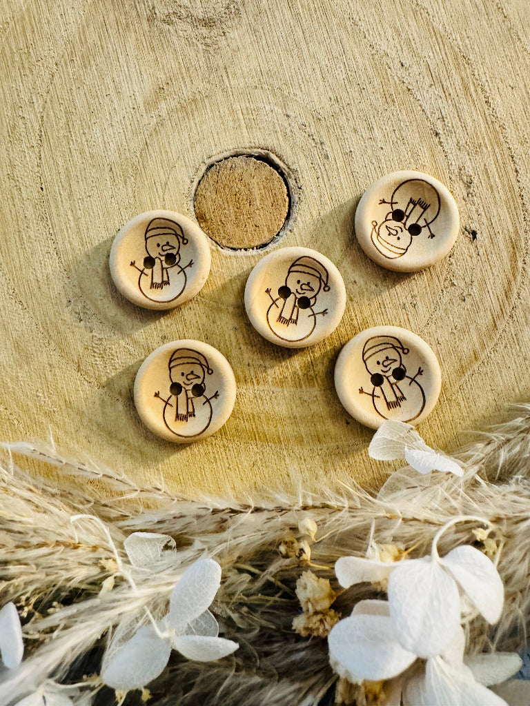 Holzknopf rund mit einem Schneemann abgebildet