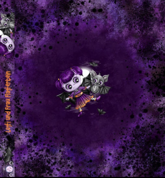 wunderschöner Halloween Stoff mit dem Motiv Lotti und Frau Flatterbein auf dunkelblau violettem Hintergrund